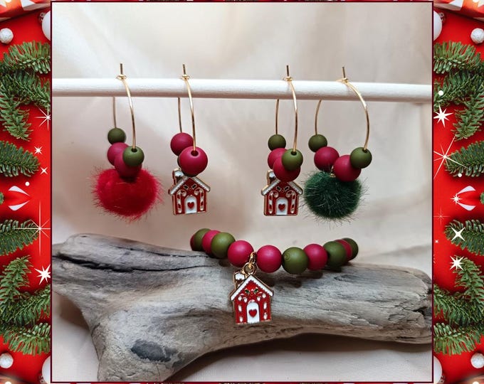 Gold-plated steel Christmas earrings and elastic Christmas bracelet.