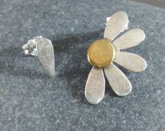Daisy Flower Stud Earrings, Mix Match Earrings, Statement Silver Earrings, Silver Flower Earrings, Unique Jewelry Gift, Big Stud Earrings