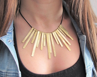 Handmade Gold Bib Necklace: Geometric Brass Statement Jewelry
