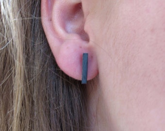 Oxidized Sterling Silver Black Bar Stud Earrings: Minimalist Mens Jewelry
