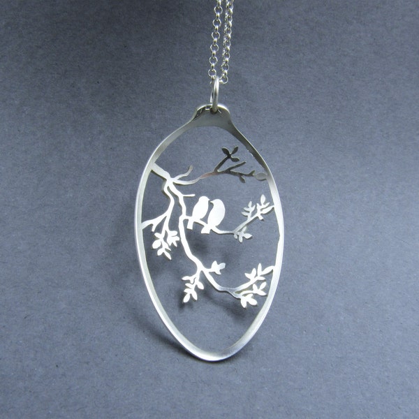 Love Birds Necklace, Silverware Jewelry, Bird Lover Gift