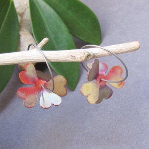Flower Titanium Hoop Earrings, Contemporary Earring, Dainty Hoop Earrings with Charm