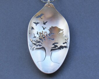 Collana a cucchiaio con albero della vita: gioielli in argento sterling con uccelli