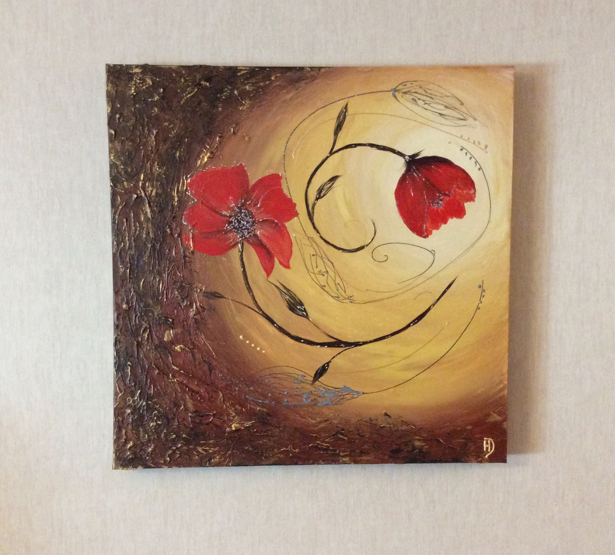 Tableau Coquelicot, Tableau Contemporain, Coquelicots, Peinture Fleurs Rouges, Toile Coton, 50cm/50 