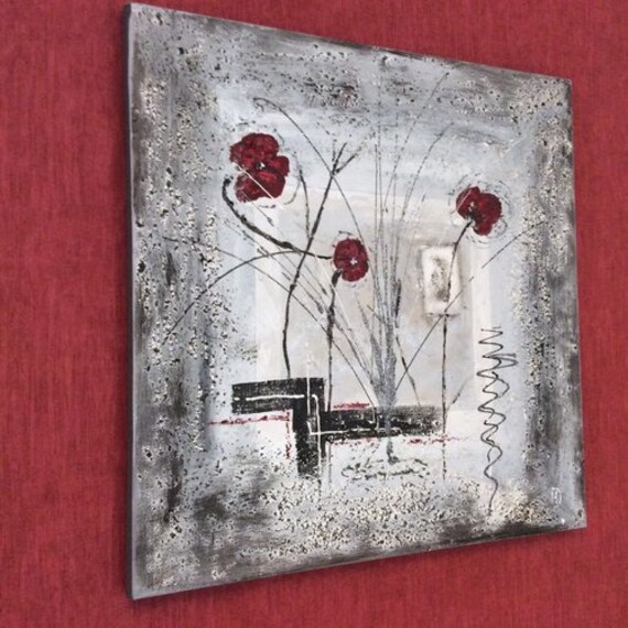 Toile Florale, Tableau Gris et Rouge, Tableau Abstrait Fleuri , Toile Coton Carré | 40 X 40 cm, Pein