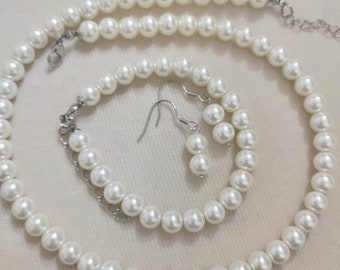 18 inch 8mm Ivory Glass Pearl Set, Meer kleur kiezen, goedkope Pearl Set, Ketting Armband Oorbellen sets, Statemant Sieraden, vrouwen sieraden