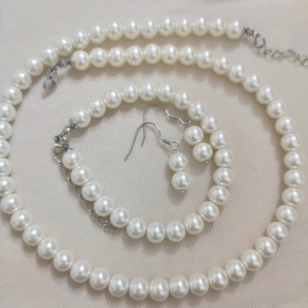 18 inch 8mm Ivory Glass Pearl Set, More Color Choose, Cheap Pearl Set, Necklace Bracelet Earrings sets, Statemant Jewelry, women jewelry