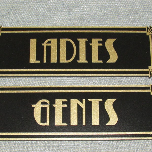 Ladies and Gents Art Deco Style Wooden Gold letters and Black background Restroom Bathroom Signs