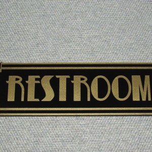 Restroom Sign Wood Deco Style Black with Gold letters Bathroom Door Sign