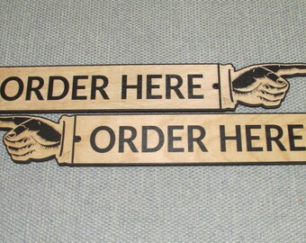 Order Here Pointing Finger Sign, Right or Left Wooden Direction Sign.