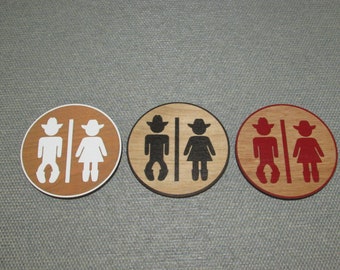 Bathroom / Restroom Cute Rustic Cowboy Cowgirl Sign Set, Choice of color and size, Free Shipping