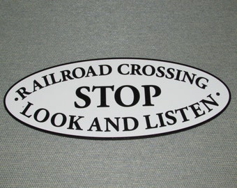 Railroad Crossing Oval Sign Stop Look Listen Custom Made Wooden Sign