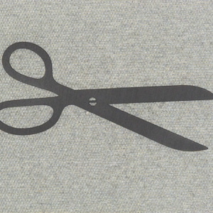 May include: A black metal silhouette of a pair of scissors on a gray textured background.