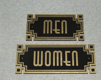 MEN and WOMEN Art Deco Style Restroom Door Bathroom Sign Set, Choose Gold or Silver