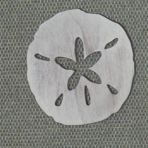 May include: A white sand dollar with a five-pointed star design. The sand dollar is on a textured gray surface.