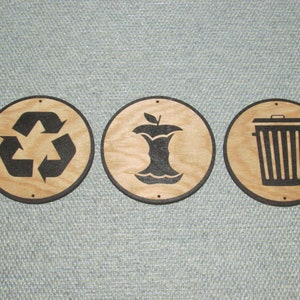 Set of 3 Recycle, Garbage and Compost Rustic 3 1/2&quot; Round Wood Signs, Trash
