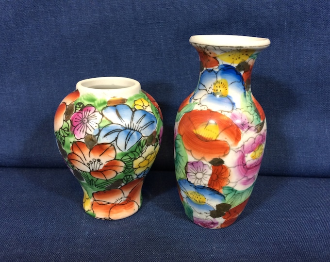 Vintage Porcelain Vases Small Pair of Oriental Floral Design Vases Made