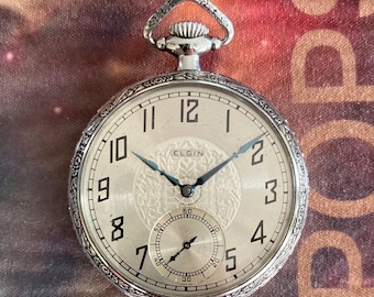 Reloj de bolsillo Elgin de 1929, con esfera elegante y caja de níquel de lujo, tamaño 16.