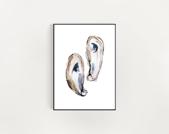 Watercolor Oyster Illustration Bivalve Shell Painting Coastal Ocean Art II