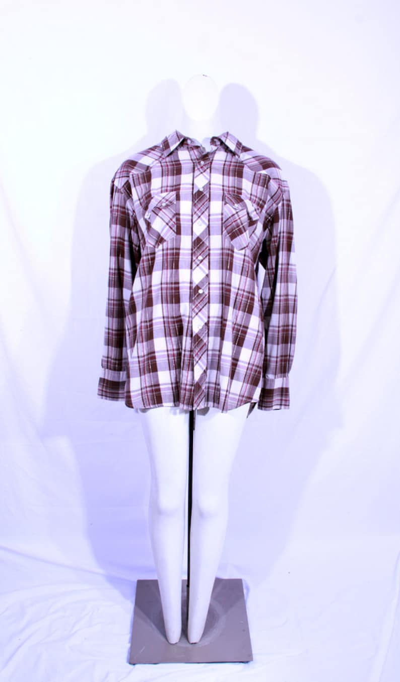 Vintage 70/'s Men/'s BrownPurple Plaid Cowboy Shirt with pearl snap buttons size Large