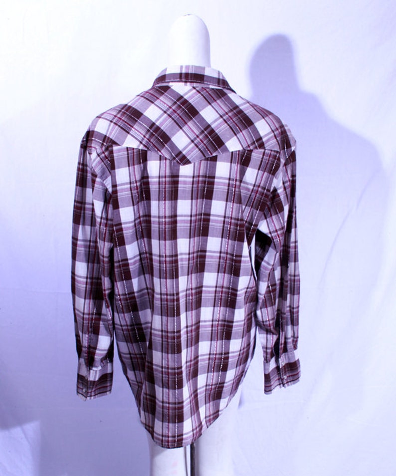 Vintage 70/'s Men/'s BrownPurple Plaid Cowboy Shirt with pearl snap buttons size Large