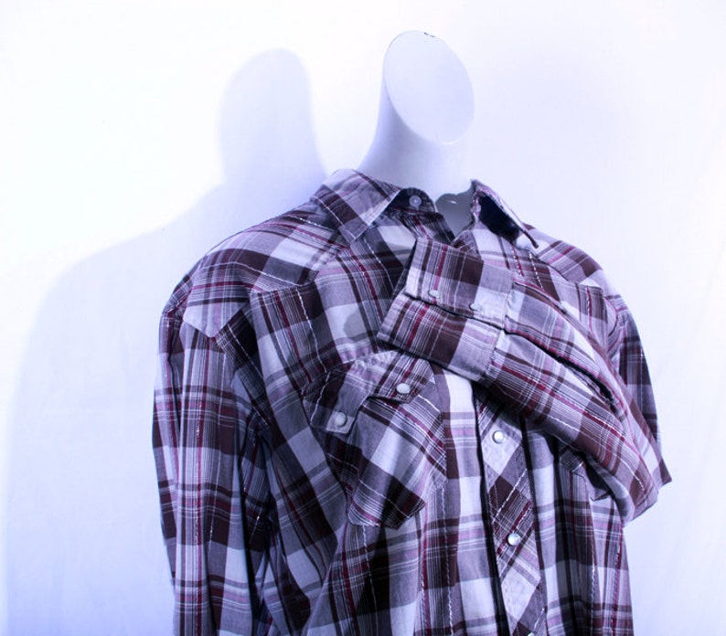 Vintage 70/'s Men/'s BrownPurple Plaid Cowboy Shirt with pearl snap buttons size Large
