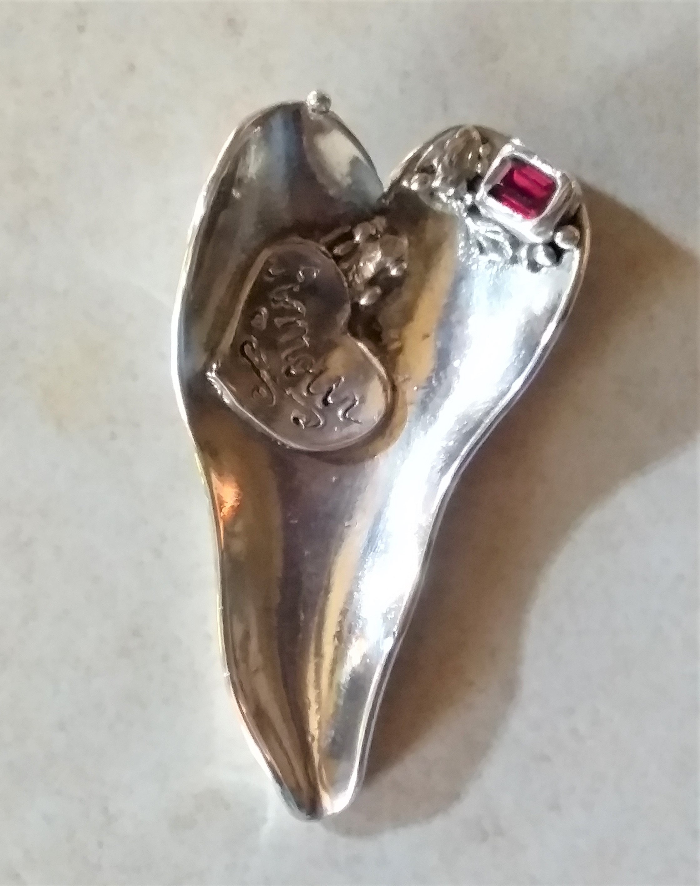 Solid Silver Artisan Leaf Heart Ring Tray, Hand Carved Amour in A & Cz Ruby