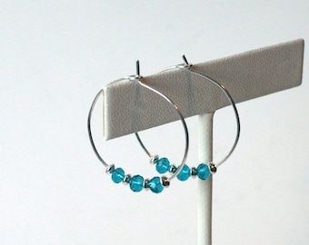 Sterling silver hoop blue czech glass earrings E0118