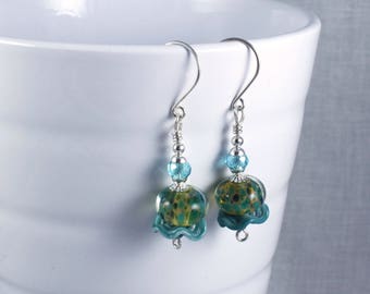 Lampwork glass earrings | boro glass earrings | blue lampwork earrings | sterling silver earrings E0154
