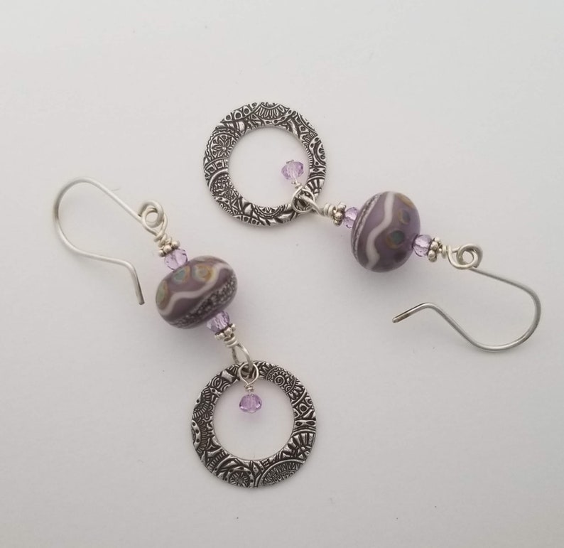 Fine Silver Charms Purple /& Silver Lampwork Beads Silver Lampwork Earrings Purple Dangle Earrings