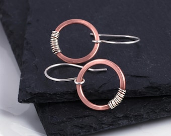 Rustic copper earrings | boho earrings | sterling silver earwires | shiny copper rounds | casual earrings