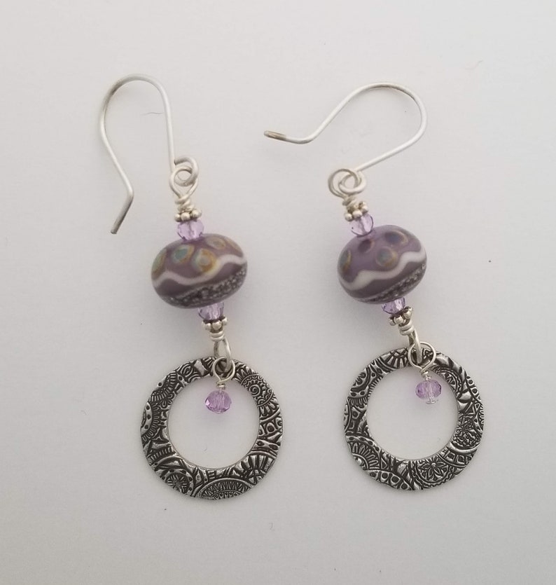 Fine Silver Charms Purple /& Silver Lampwork Beads Silver Lampwork Earrings Purple Dangle Earrings