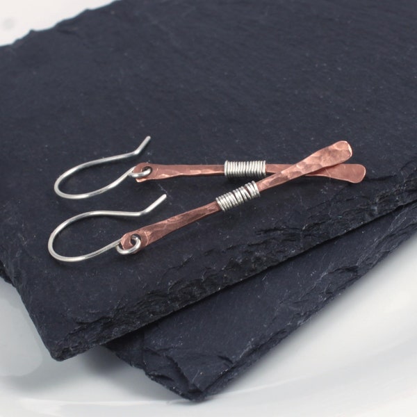 Pendientes rústicos de barra de cobre / pendientes boho / barras de cobre brillante / pendientes de cobre y esterlina / pendientes casuales