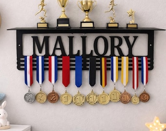Custom Name Trophy Shelf and Medal Hanger - Medal Holder Custom Text 12 Rungs for Medals & Ribbons Medal Hanger Medal Display Award Display