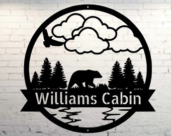 Personalized Bear Metal Sign, Bear In Woods Cabin Sign, Family Name Black Bear Sign, Personalized Bear Sign
