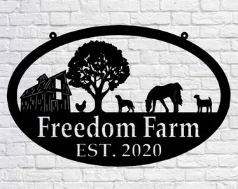 Metal FARM SIGN , Barn and Horse, Chicken, Dog, and Goat  - Personalized Family Name Metal Sign - Wedding Gift - Personalized Gift