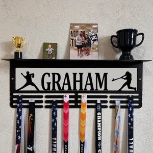 Baseball Custom Name Trophy Shelf and Medal Hanger - Medal Holder Custom Text 12 Rungs for Medals & Ribbons Medal Hanger Medal Display