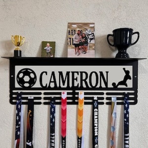 Soccer Boy Custom Name Trophy Shelf and Medal Hanger - Medal Holder Custom Text 12 Rungs for Medals & Ribbons Hanger