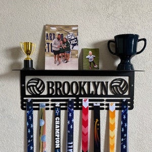 Volleyball Custom Name Trophy Shelf and Medal Hanger - Medal Holder Custom Text 12 Rungs for Medals & Ribbons Medal Hanger Medal Display