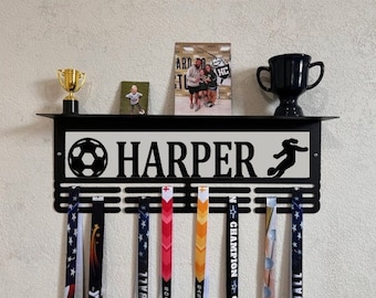 Soccer Girl Custom Name Trophy Shelf and Medal Hanger - Medal Holder Custom Text 12 Rungs for Medals & Ribbons Medal Hanger Medal Display