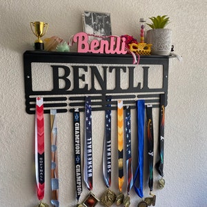 Custom Name Trophy Shelf and Medal Hanger - Medal Holder Custom Text 12 Rungs for Medals & Ribbons Medal Hanger Medal Display Award Display