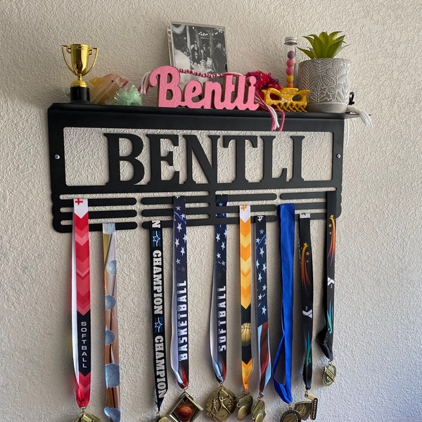 Custom Name Trophy Shelf and Medal Hanger - Medal Holder Custom Text 12 Rungs for Medals & Ribbons Medal Hanger Medal Display Award Display