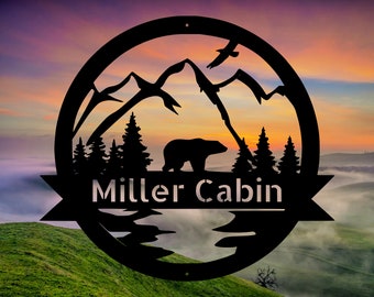 Personalized Bear Metal Sign, Bear In Woods Cabin Sign, Family Name Black Bear Sign, Personalized Bear Sign