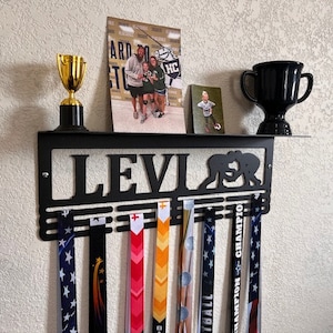 Wrestling Custom Name Trophy Shelf and Medal Hanger - Medal Holder Custom Text 12 Rungs for Medals & Ribbons Medal Hanger Medal Display