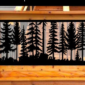 May include: Black metal decorative panel featuring a silhouette of a forest scene with various pine trees and undergrowth. The panel is set within a wooden frame, creating a contrast between the dark metal and the natural wood tones. The design evokes a natural, outdoor theme.