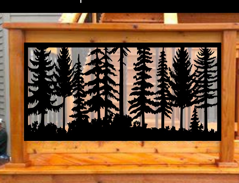 May include: Black metal decorative panel featuring a silhouette of a forest scene with various pine trees and undergrowth. The panel is set within a wooden frame, creating a contrast between the dark metal and the natural wood tones. The design evokes a natural, outdoor theme.