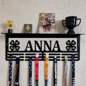 4H Custom Name Trophy Shelf and Medal Hanger - Medal Holder Custom Text 12 Rungs for Medals & Ribbons Medal Hanger Medal Display