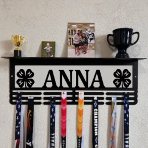 4H Custom Name Trophy Shelf and Medal Hanger - Medal Holder Custom Text 12 Rungs for Medals & Ribbons Medal Hanger Medal Display