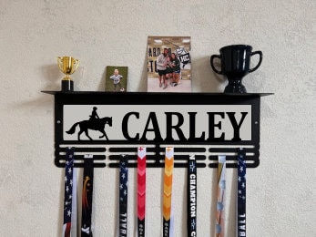 Horse Riding Custom Name Trophy Shelf and Medal Hanger - Medal Holder Custom Text 12 Rungs for Medals & Ribbons Medal Hanger Medal Display