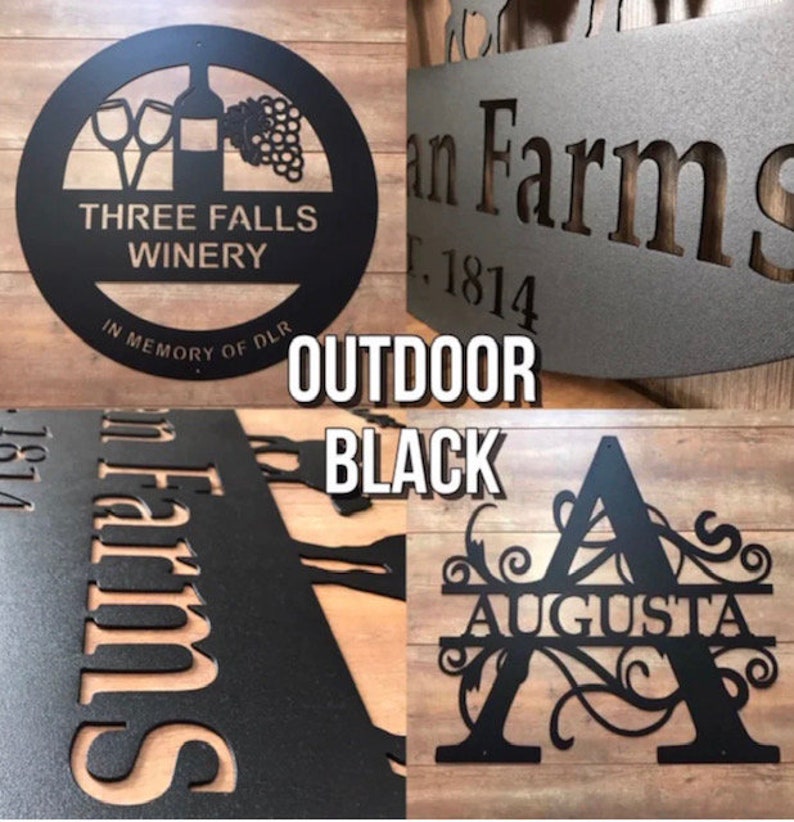 May include: Black metal outdoor signs with cut-out designs. One sign features a winery theme with a bottle, grapes, and glasses. Another displays "Smith Farms" and the year 1814. The third sign says "Augusta". The word "Outdoor" and "Black" are also in the image.
